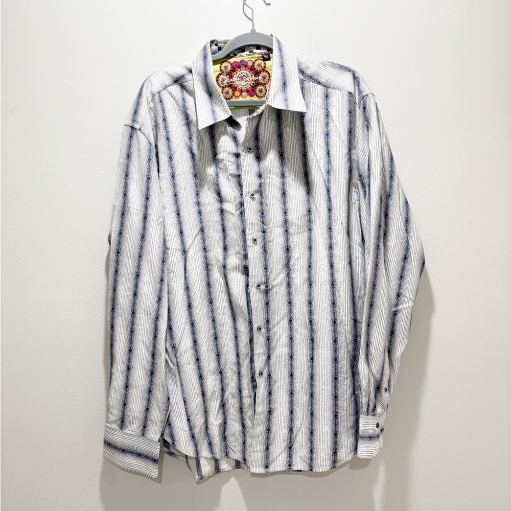 Robert Graham Embroidered Navy and White Striped Shirt Contrast Cuffs Sz 2XL